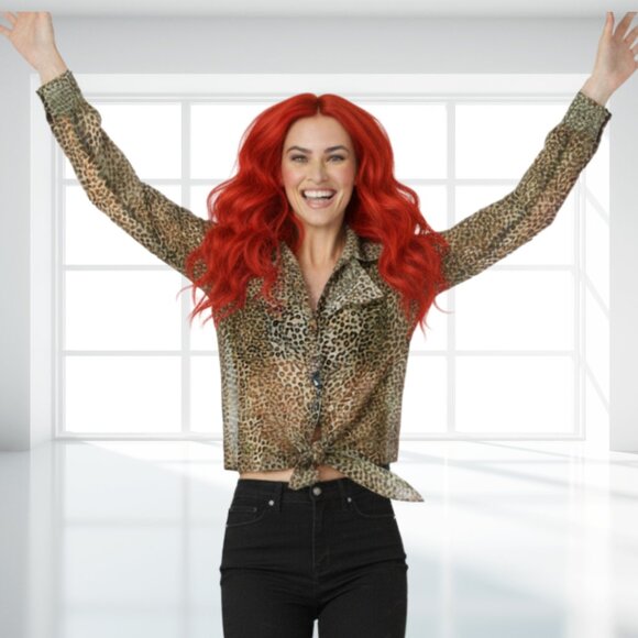 Vintage Tiramisu Sheer Cheetah Animal Print Tie-Front Blouse Milan NY - Picture 1 of 8